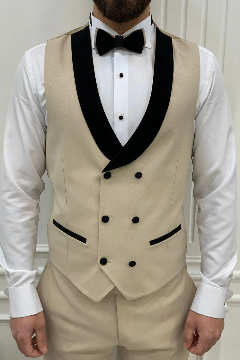 Marbel Beige Slim Fit Velvet Peak Lapel Tuxedo