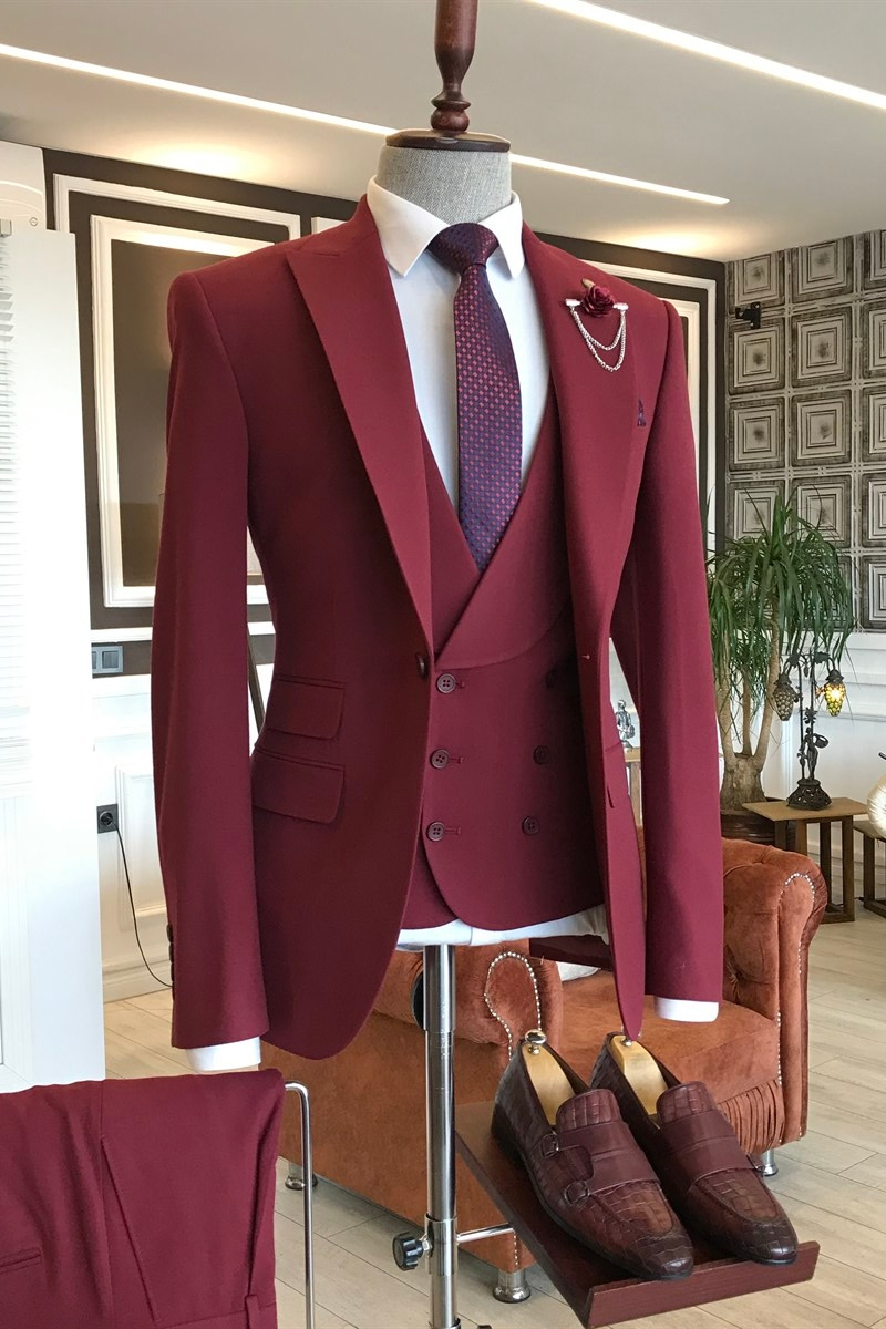 Aldo Crimson Three Piece Point Lapel Men Suit