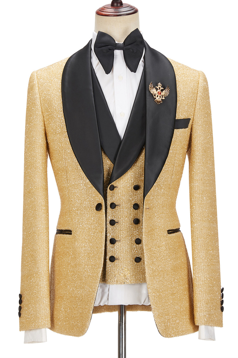 Andrew Sparkly Gold Shawl Lapel Three-Piece Wedding Suit
