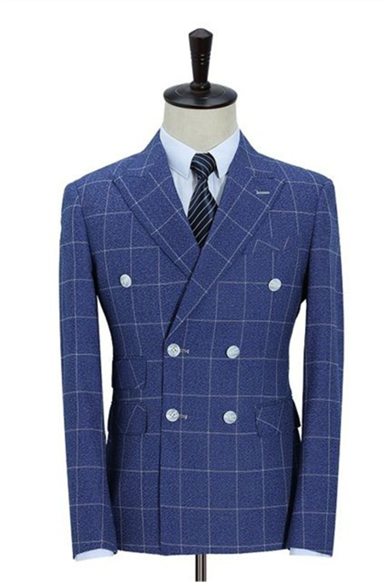 Double Breasted Ocean Blue Business Men Blazer Men Wedding Plaid Slim Fit Tuxedo