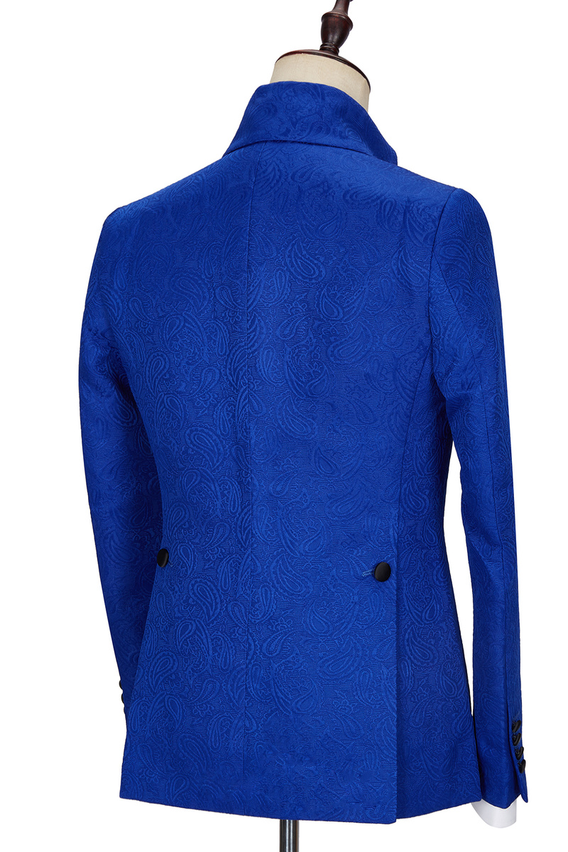 Dean Fashion New Royal Blue Jacquard Black Lapel Wedding Suit
