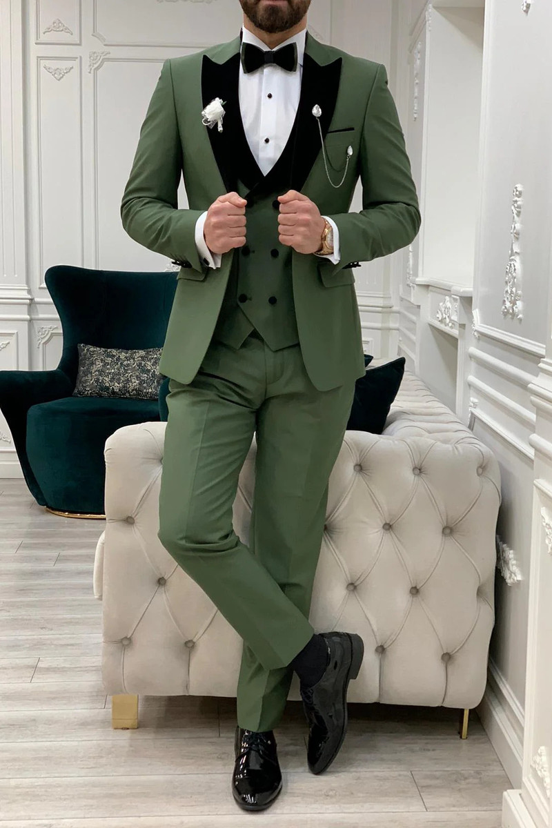 Modern Fashion Light Green Velvet Slim Fit Three-Piece Tuxedo with Peak Collar