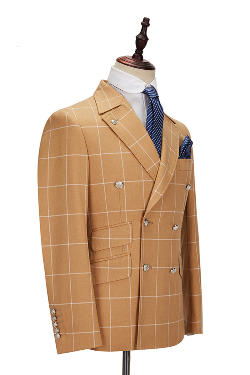 Peak Lapel Flap Pockets Double-Breasted Plaid Orange Business Suit