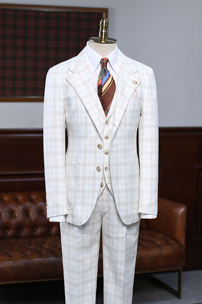 Alfred Sleek White Plaid Three Piece Notched Lapel Slim Fit Suit
