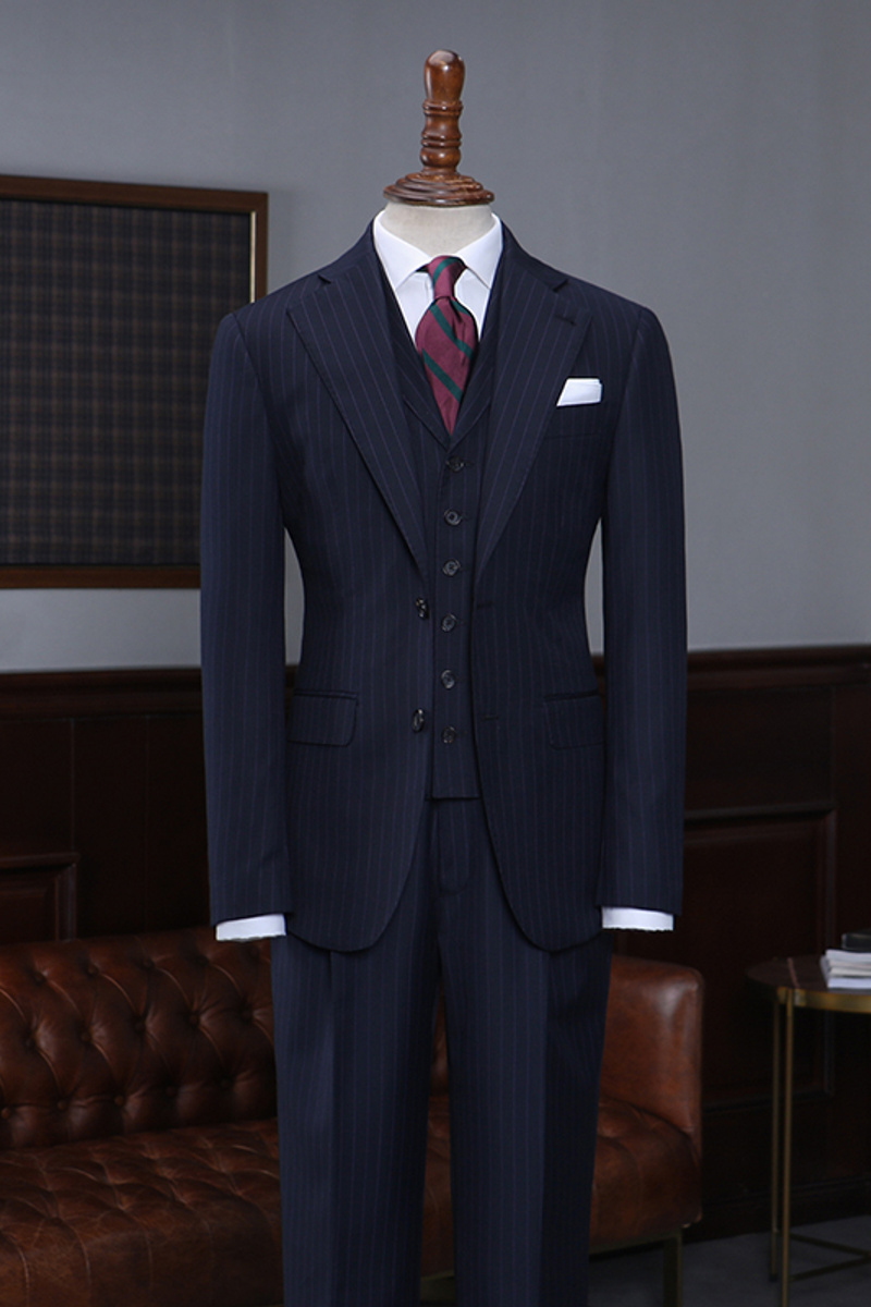 Alston Formal Navy Striped Three Piece Slim Fit Custom Business Suit