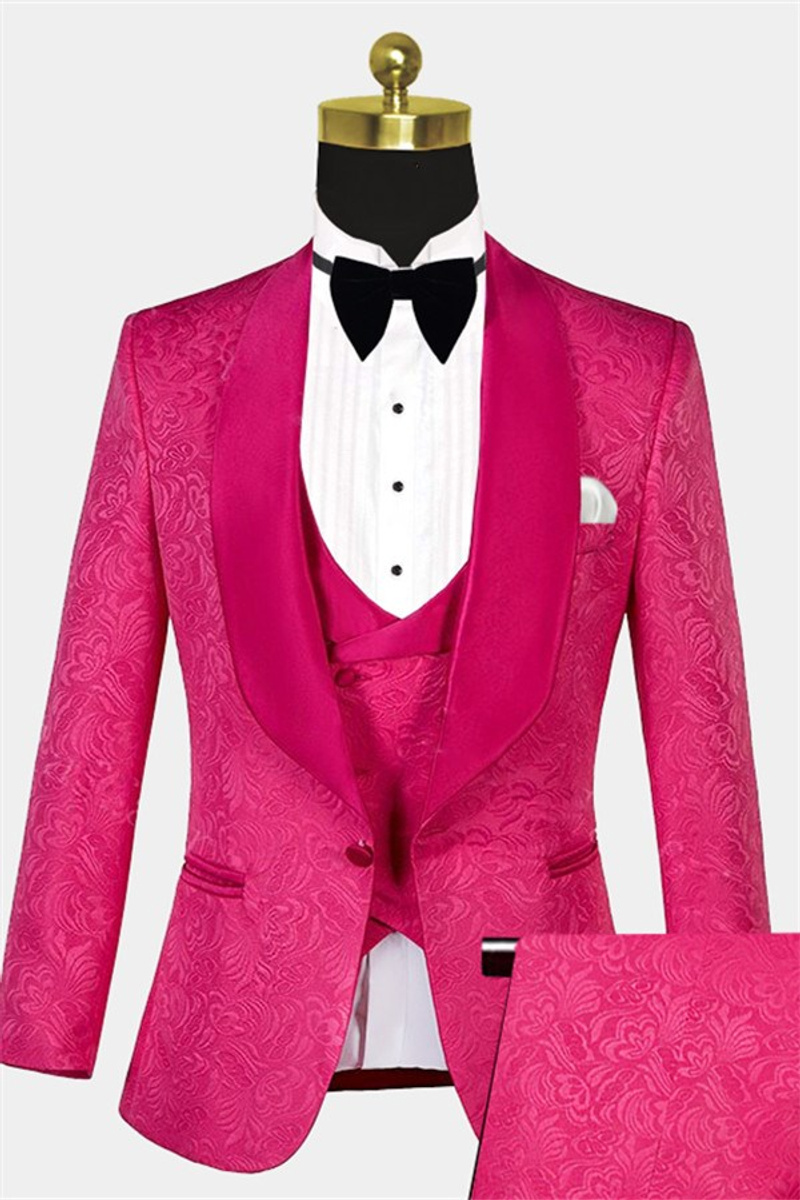 Floral Pink Jacquard Men Suits Online Slim Fit One-Click Prom Suits