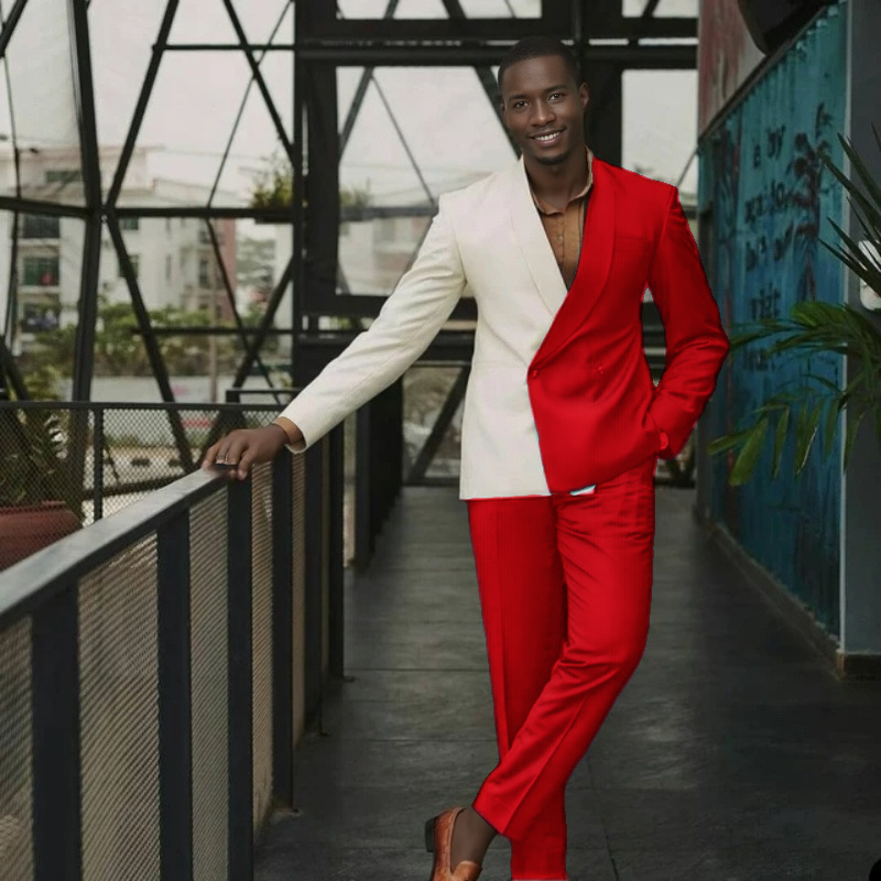 Andy Red And White Double Breasted Slim Fit Shawl Lapel Men's Suits For Prom