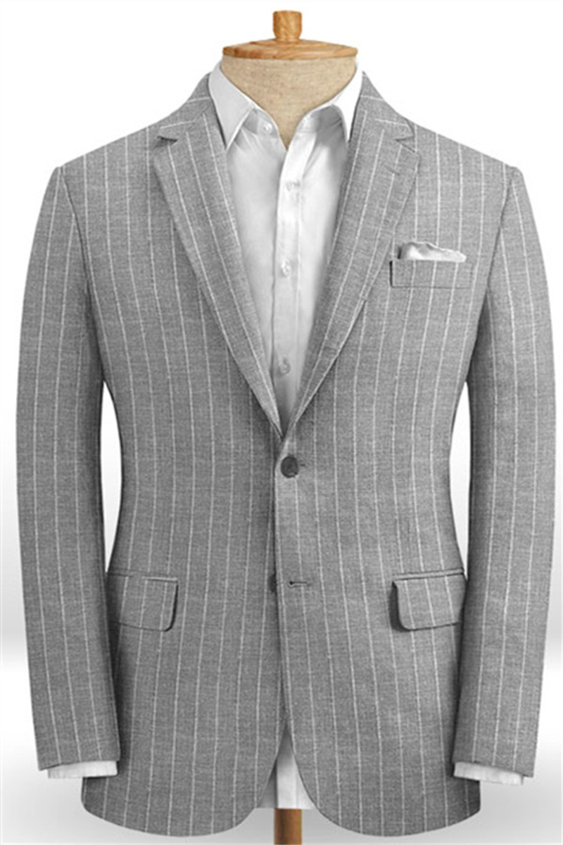 Grey Striped Linen Suit Online Two-Piece Tuxedo with Notch Lapel