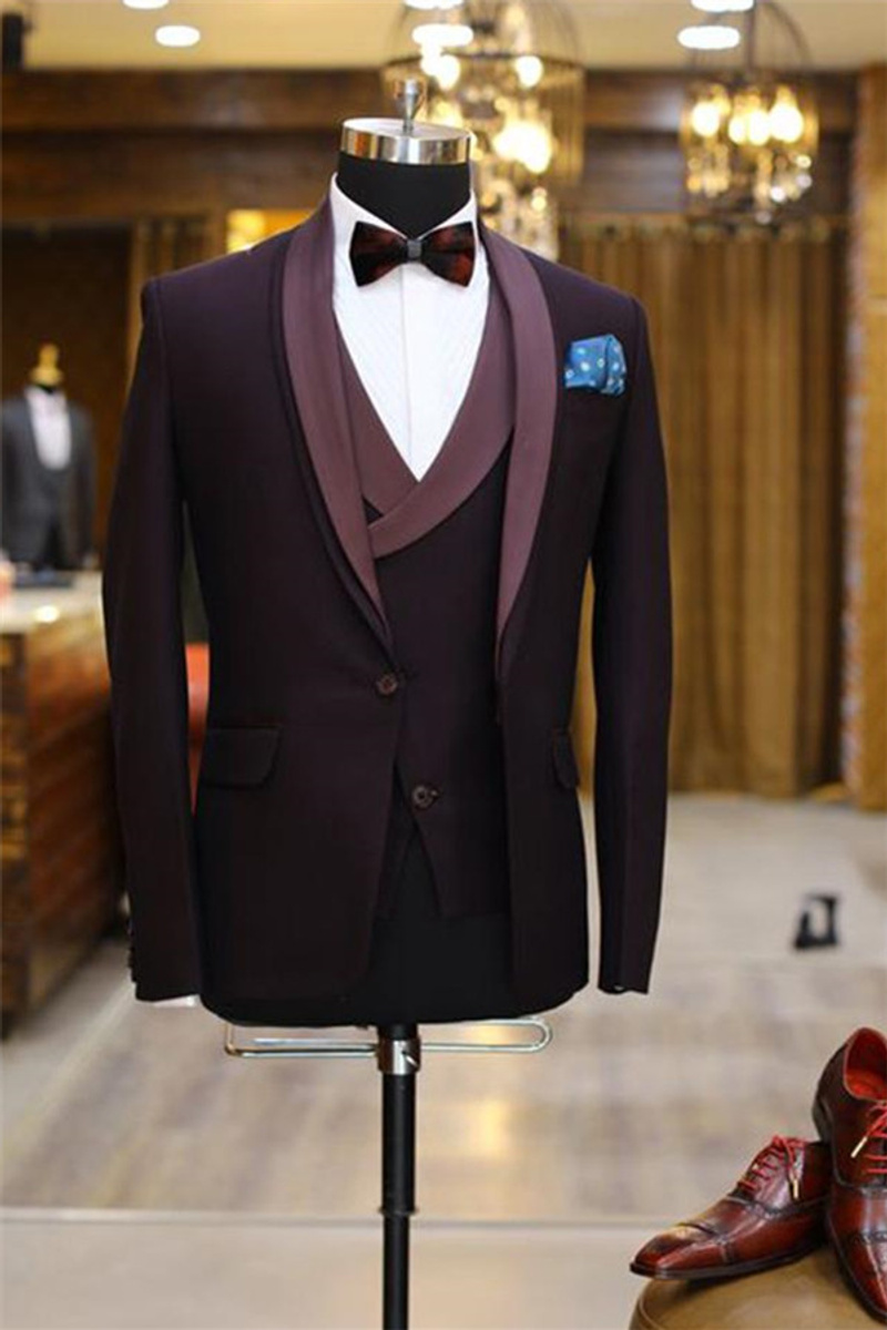 Brenden Purple Slim Prom Suit Three-Piece Cape Lapel Tuxedo