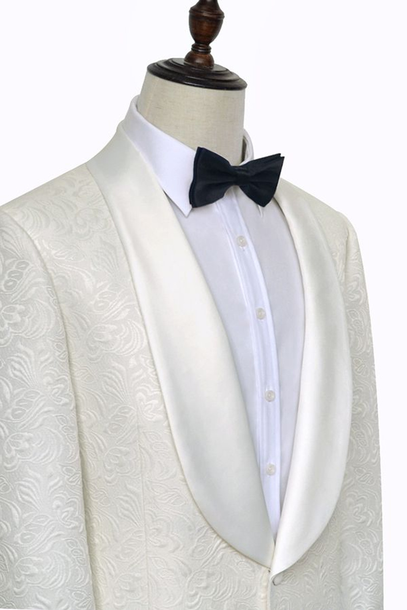 Trendy Jacquard White Tuxedo Silk Shawl Lapel One-Button Wedding Suit
