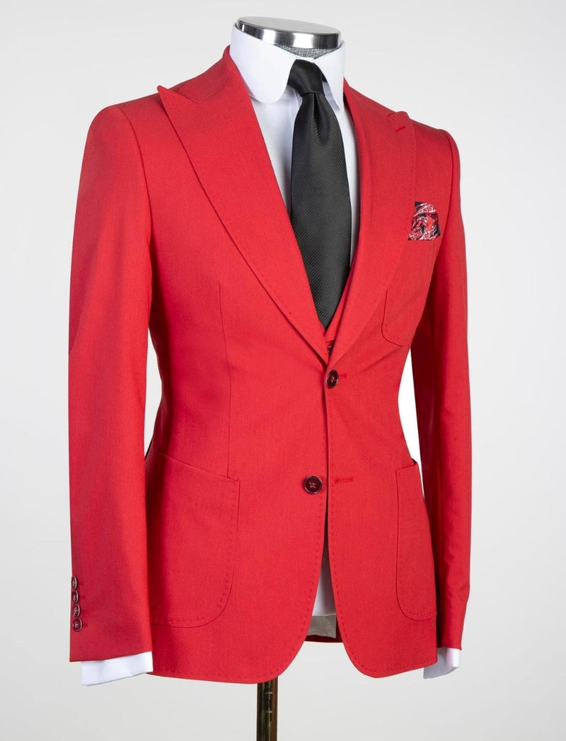 Red Peaked Lapel Three-Piece Close Fitting Suit