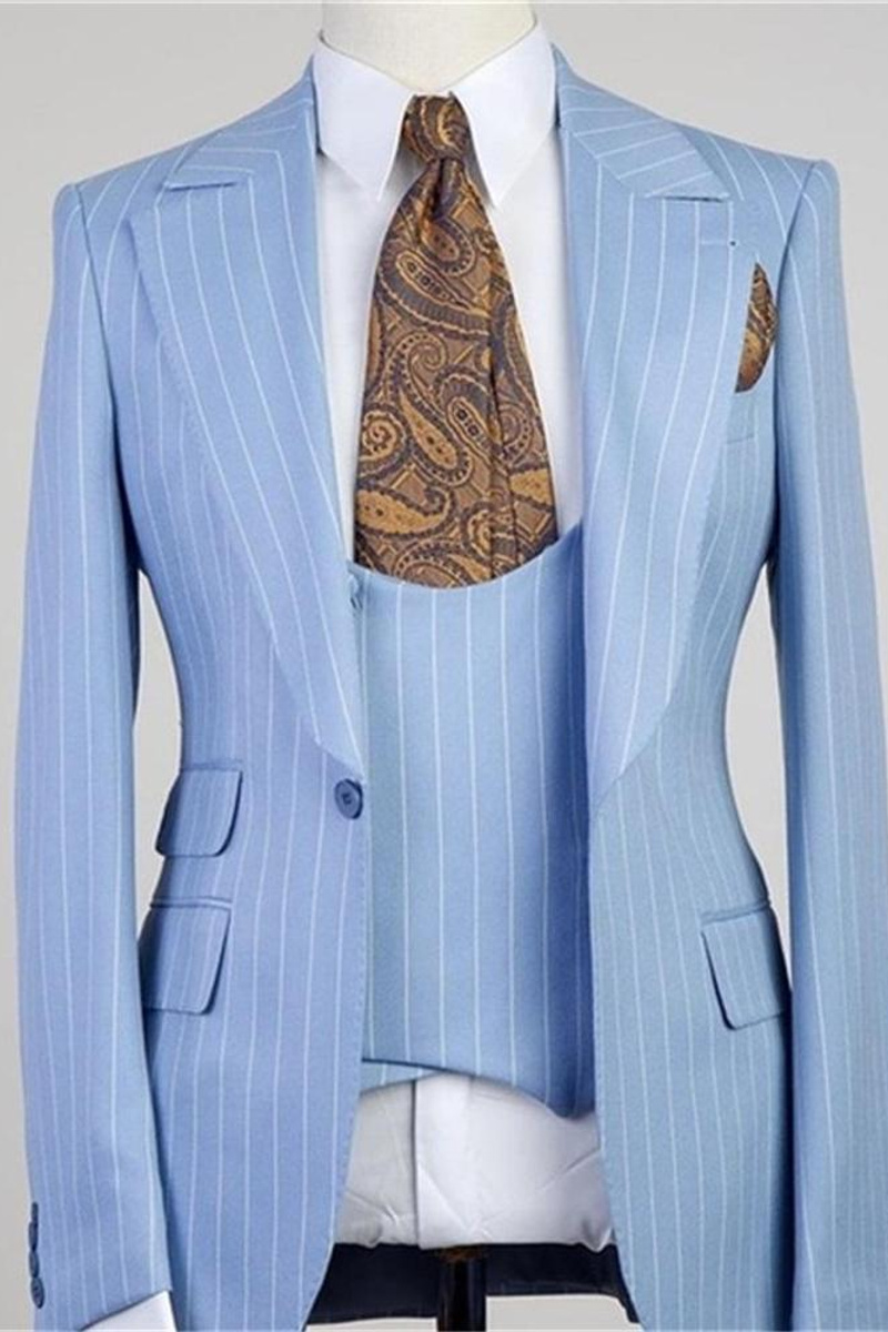 Isiah Fashion Blue Striped Point Lapel Three Piece Men Suit