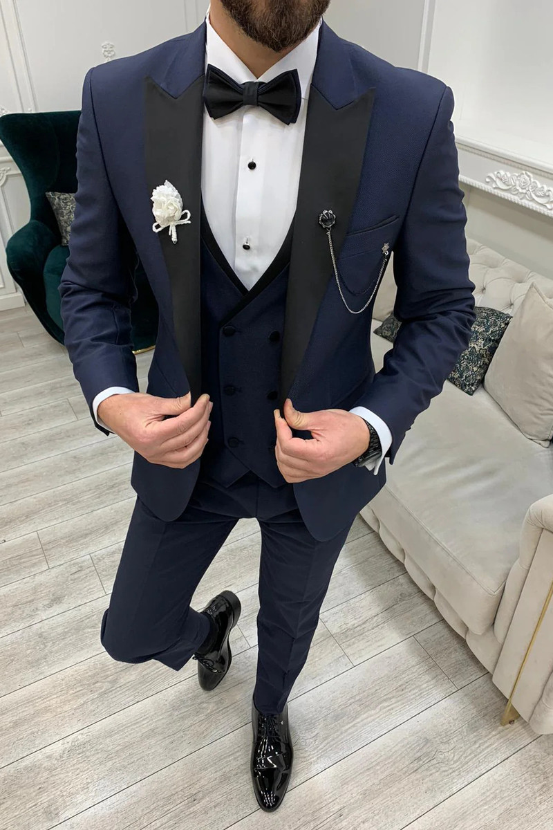 Modern Fashion Navy Blue Velvet Slim Fit Three-Piece Tuxedo with Peak Collar