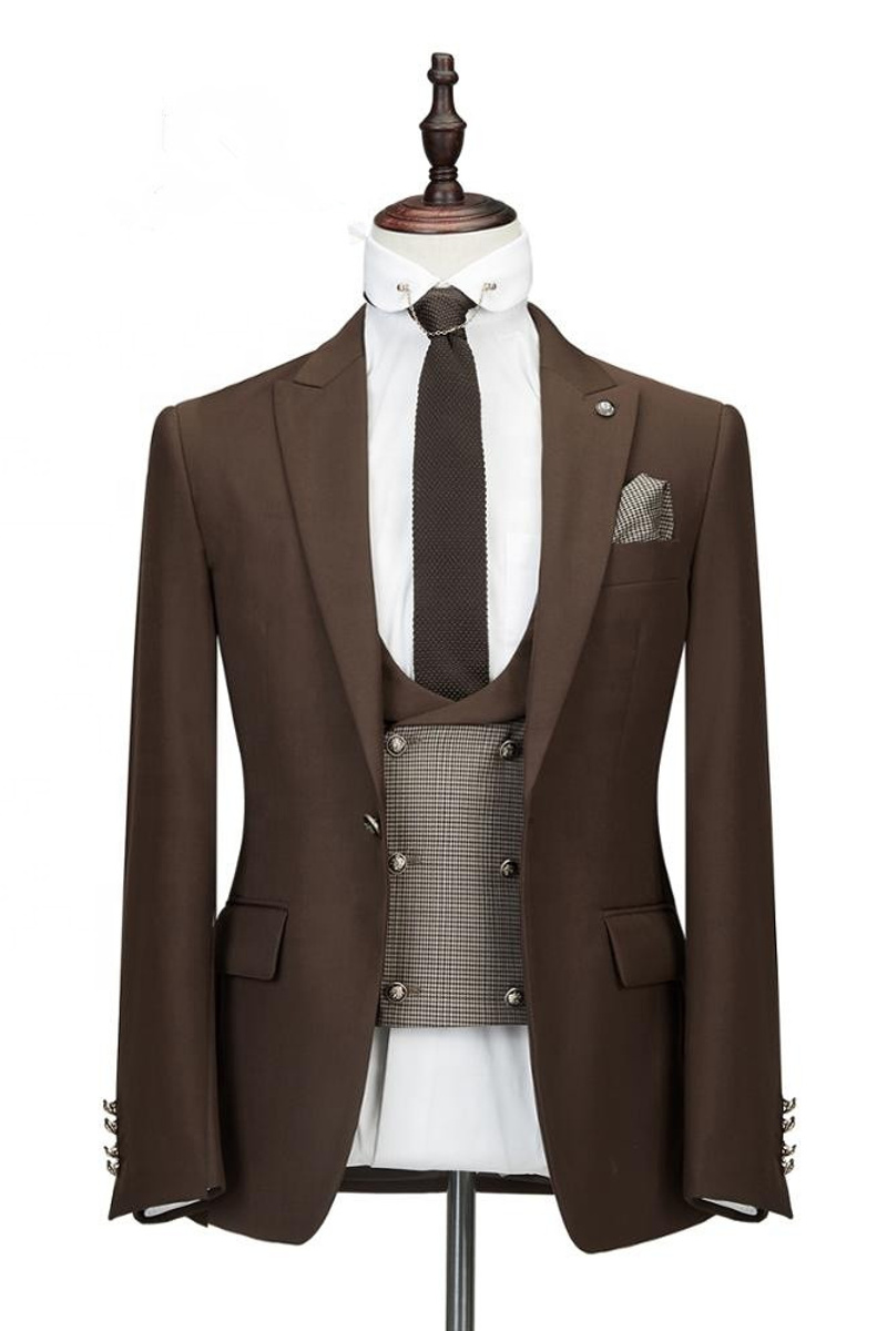 Gage Brown Three-Piece Peaked Lapel Slim Fit Wedding Suit