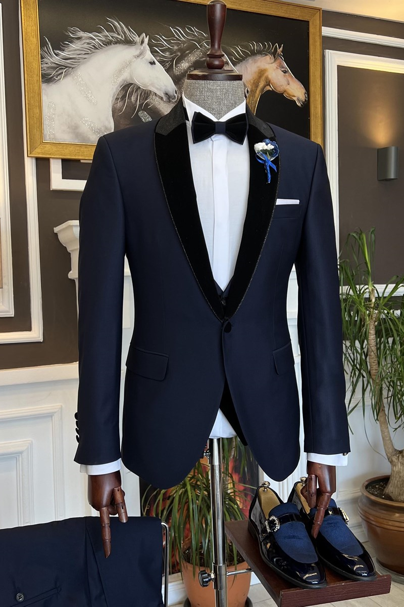 Clement New Dark Blue Splicing Shawl Lapel Three-Piece Suit