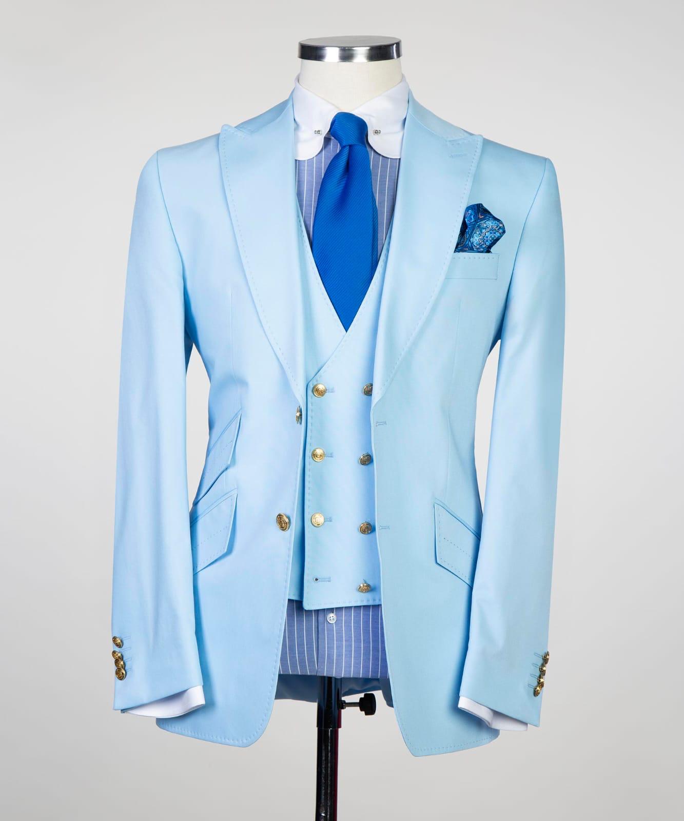 Sky Blue Three Piece Pointed Collar Slim Men Suits