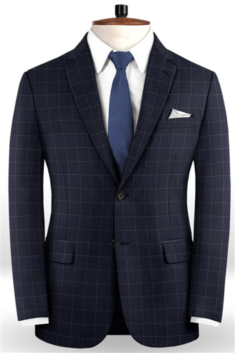 Dark Blue Check Suit Fashion Notch Lapel Prom Tuxedo