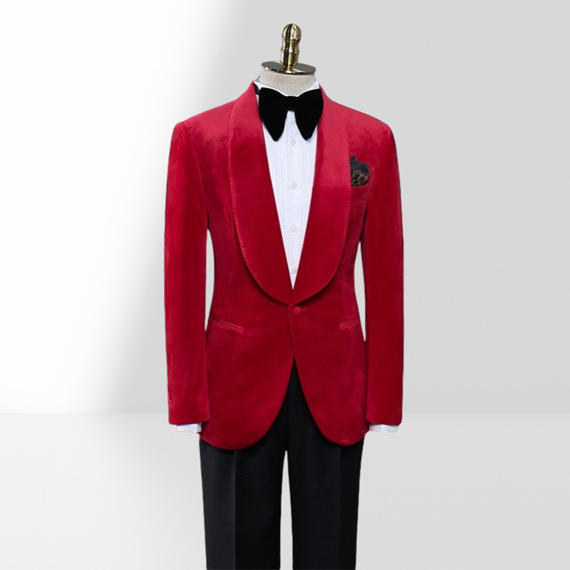 Red Velvet Shawl Collar Two-Piece Suit with Black Pants