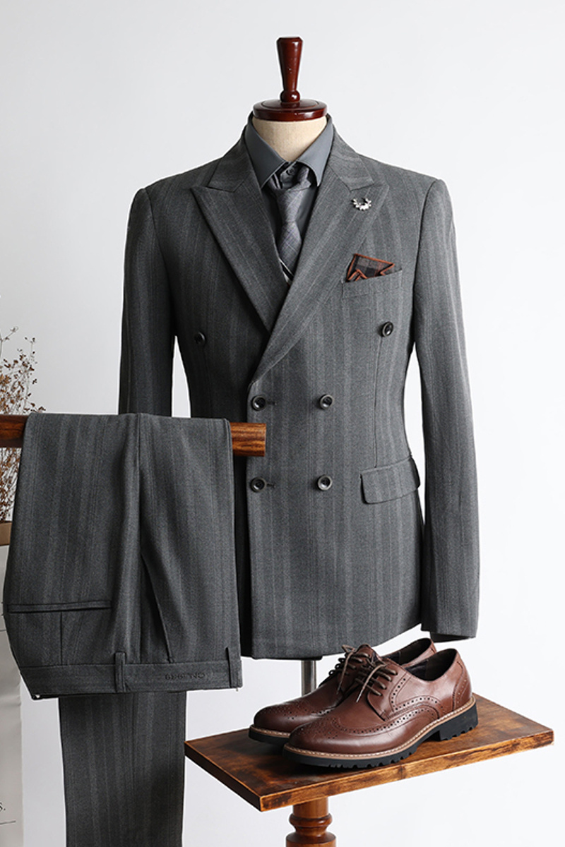 Mason New Grey Striped Point Lapel Double Breasted Business Suit