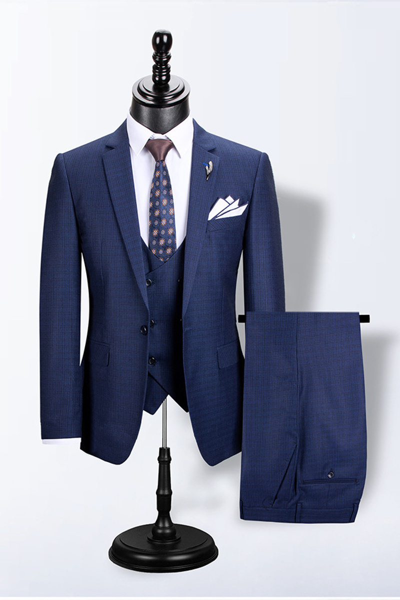Peter Navy Blue Slim Fit Plaid Fashion Men Suits For Business