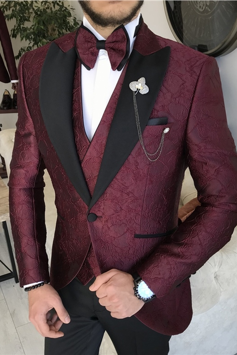Burgundy Three-Piece Jacquard Pointed Collar Men's Wedding Suit