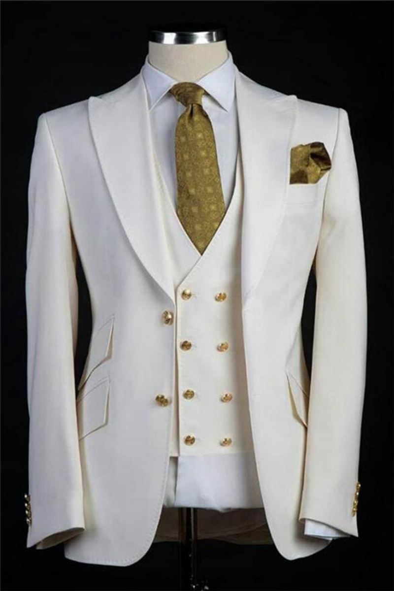 White Wedding Groom Suit Custom Gold Button Tuxedo Three-Piece