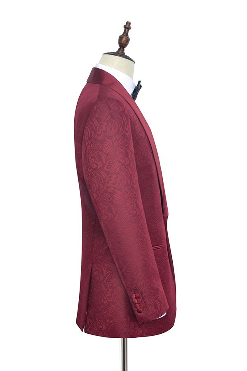 Luxury Burgundy Jacquard One-Button Silk Shawl Lapel Wedding and Prom Suit