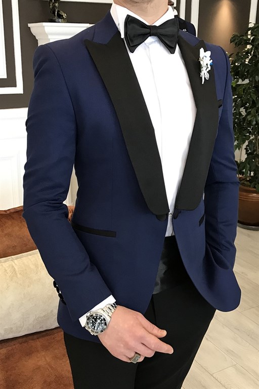 Jacobs Modern Navy with Black Pointed Lapel One-Button Slim Fit Prom Suit
