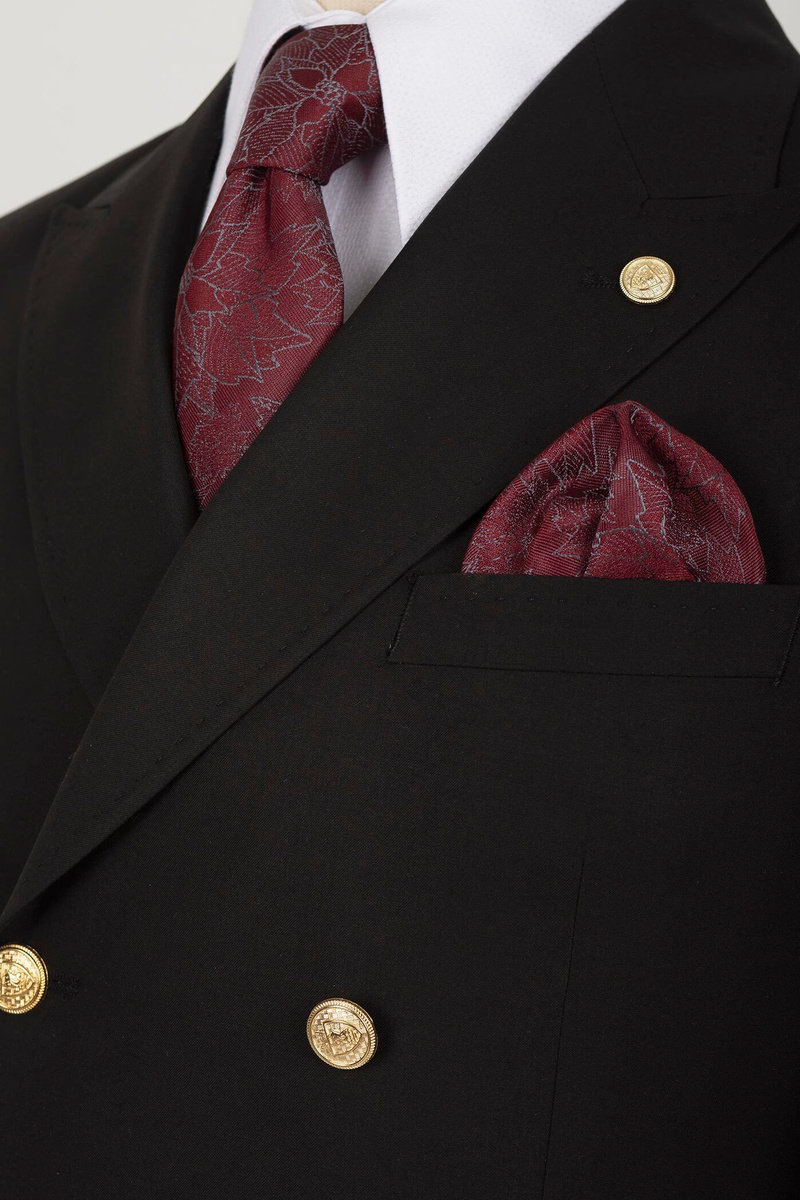 Black Wool Blend Double-Breasted Six-Button Suit with Scoop Neck