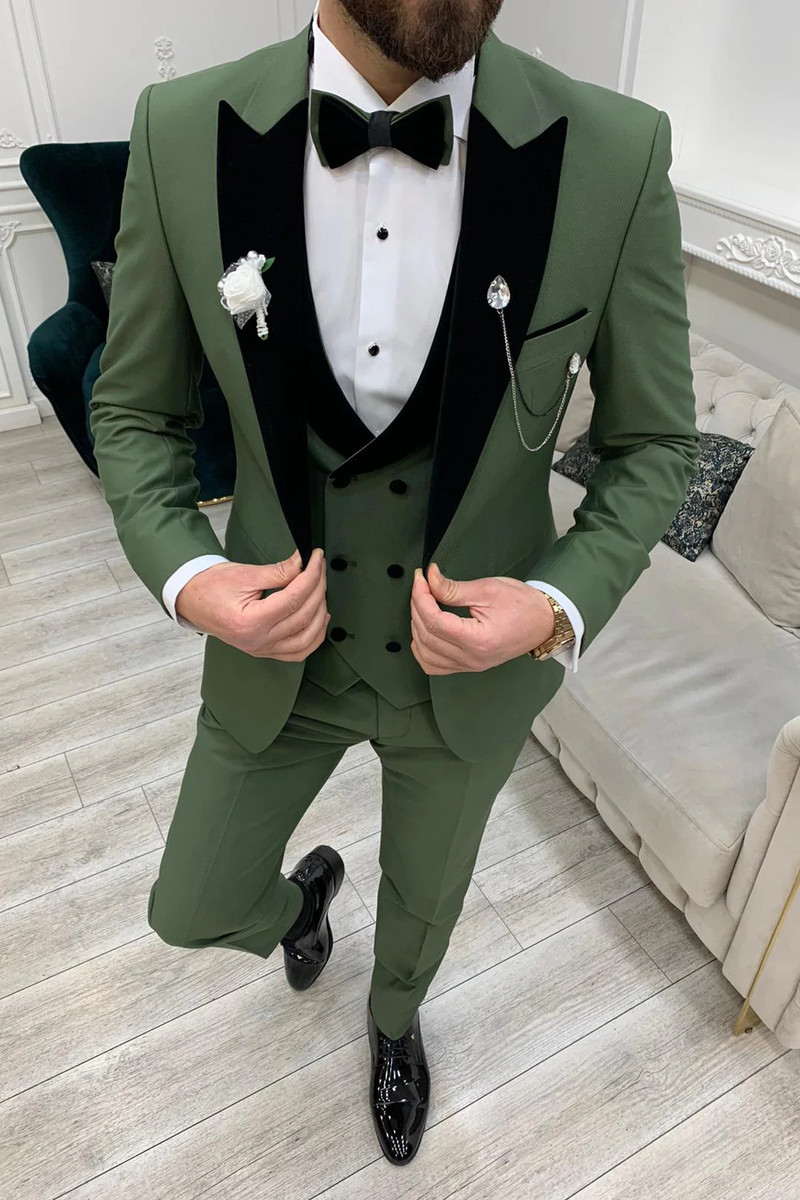 Modern Fashion Light Green Velvet Slim Fit Three-Piece Tuxedo with Peak Collar