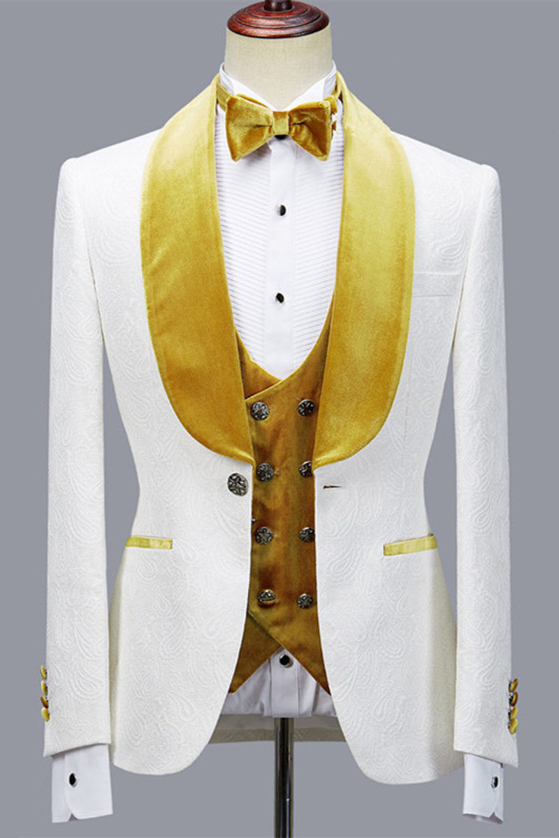 Cyrus Three-Piece Jacquard White Wedding Suit with Velvet Lapel