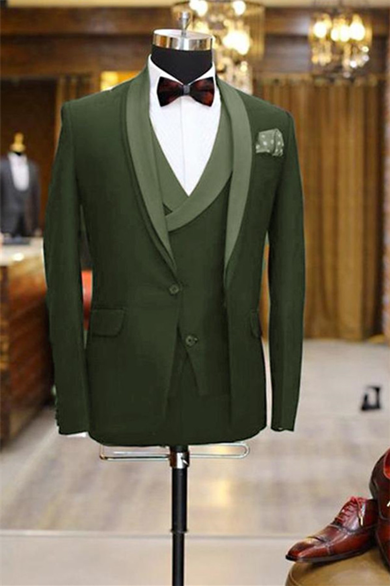 Olive Green Shawl Lapel Tuxedo Three-Piece Prom Suit