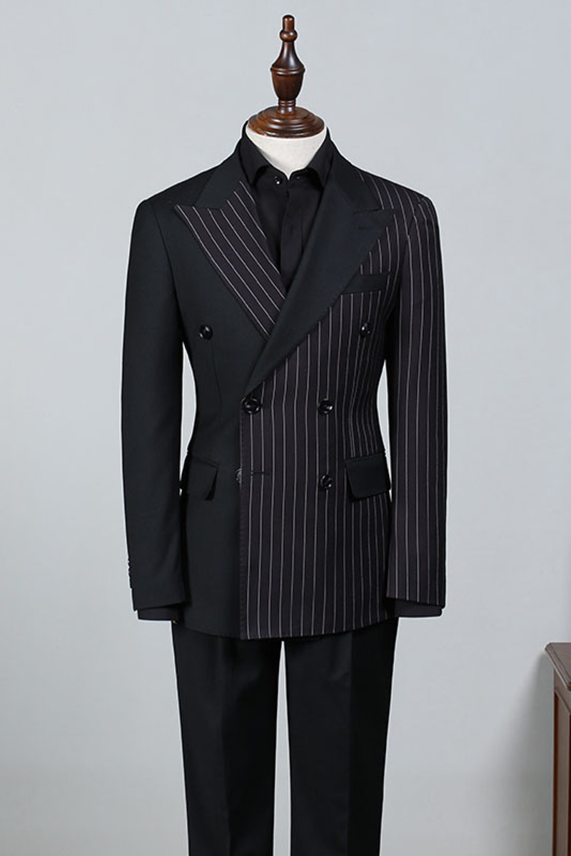 Beacher Formal Black Striped Point Lapel Double Breasted Tailored Business Suit