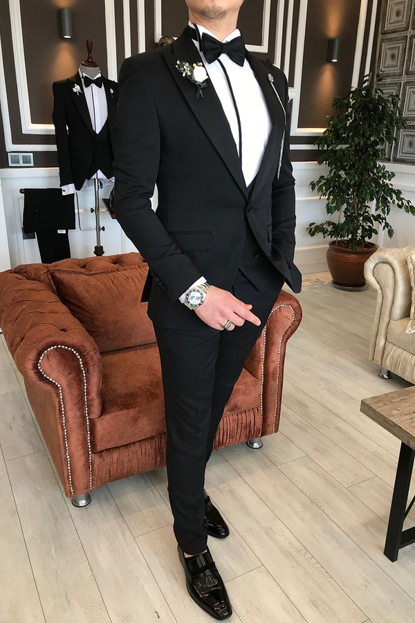 Owen Black Three-Piece Wool Blend Peak Lapel Slim Fit Business Suit