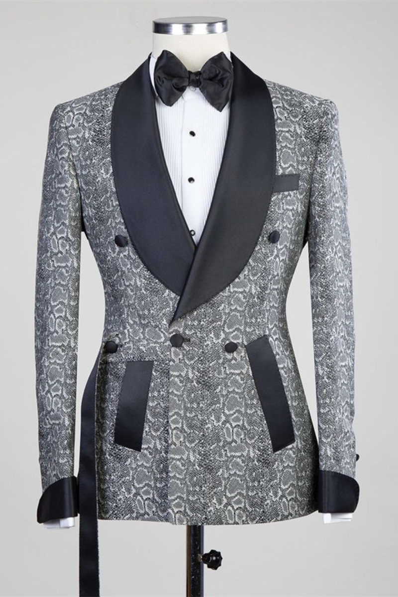 Khalil Grey Double-Breasted Jacquard Wedding Suit with Black Lapel