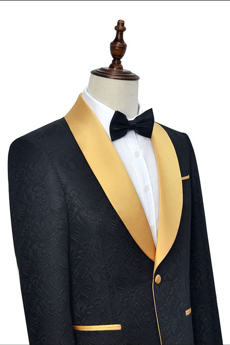 Gold Shawl Lapel One-Button Wedding Tuxedo Black Jacquard Ball Suit