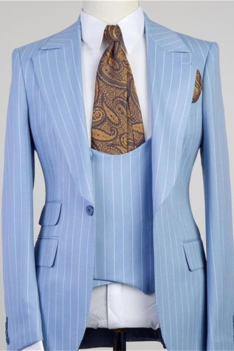 Isiah Fashion Blue Striped Point Lapel Three Piece Men Suit