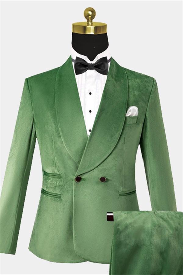Green Velvet Three-Piece Tuxedo Double-Breasted Suit