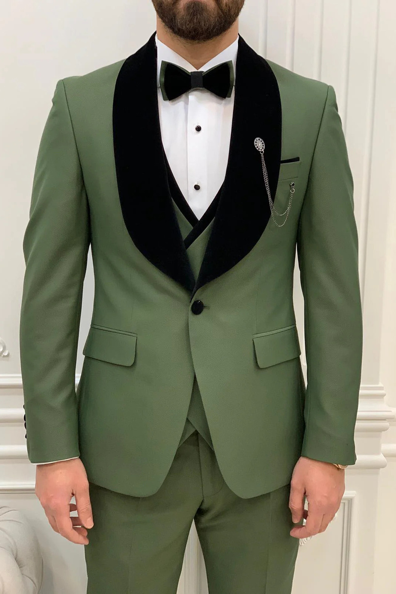 Allen Light Green Velvet Slim Fit Three-Piece Tuxedo with Shawl Lapel