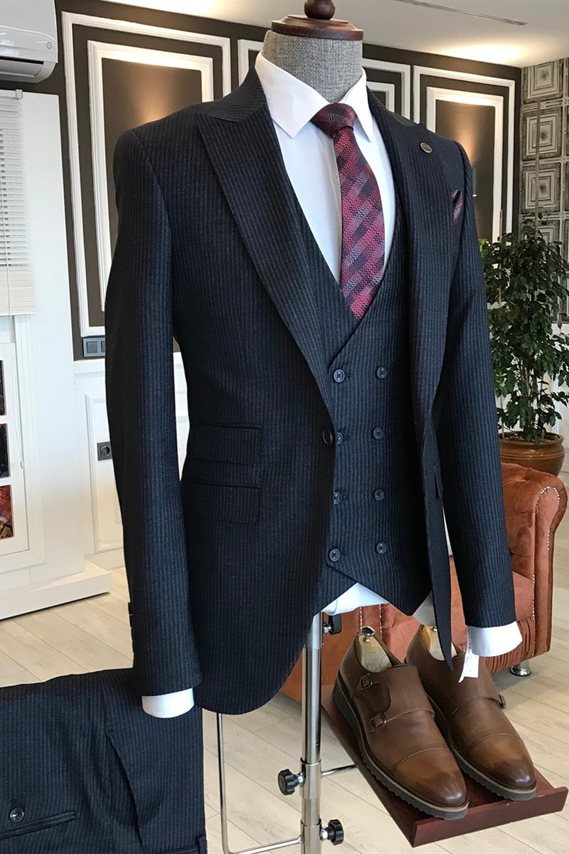 Nathan Classic All-Black Velvet Point Lapel Double-Breasted Vest Custom Business Suit