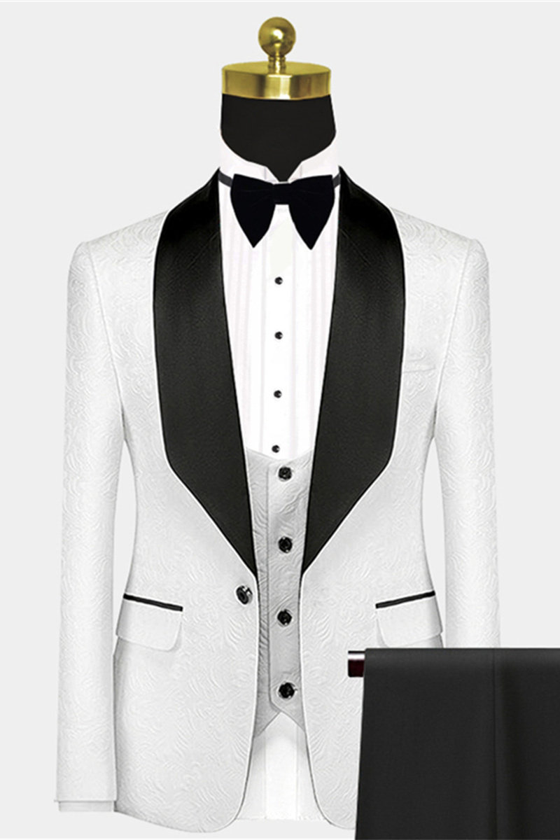 Popular Black Satin Lapel Jacquard White Wedding Suit Tuxedo