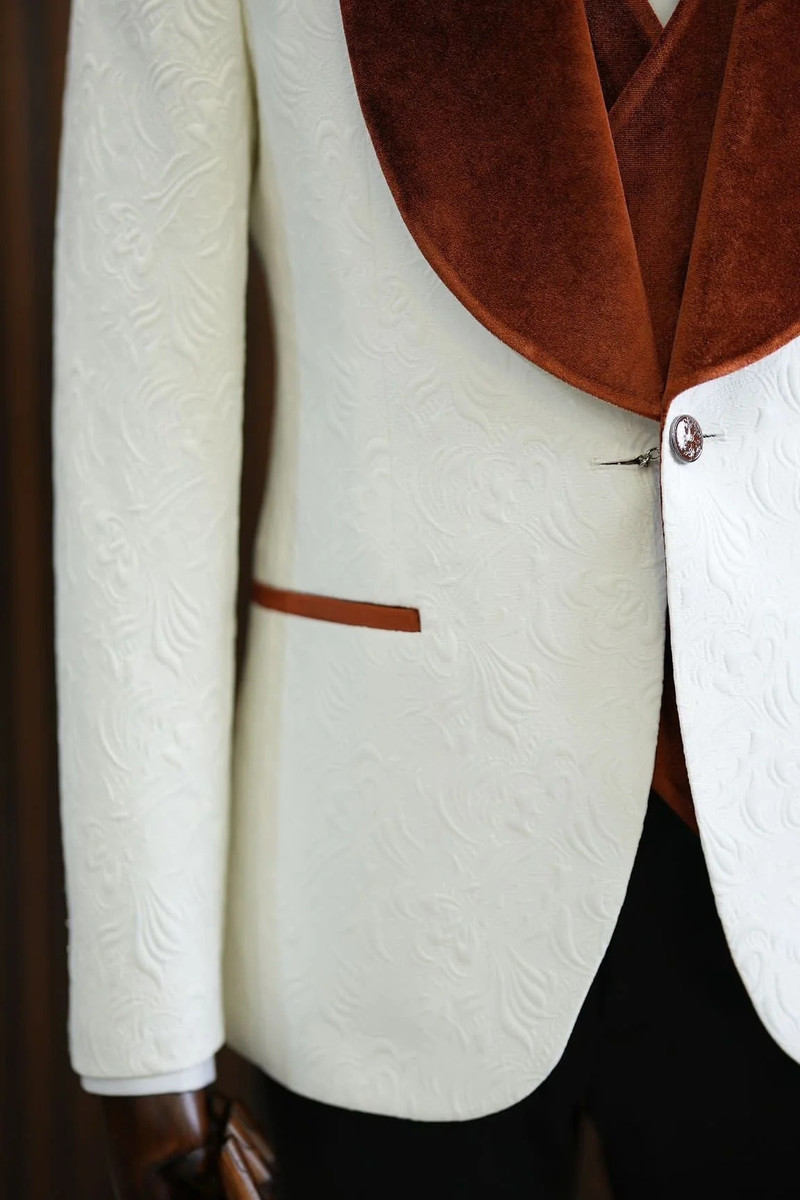 bella Orange Velvet Shawl Lapel Jacquard Slim Fit Three-Piece Tuxedo