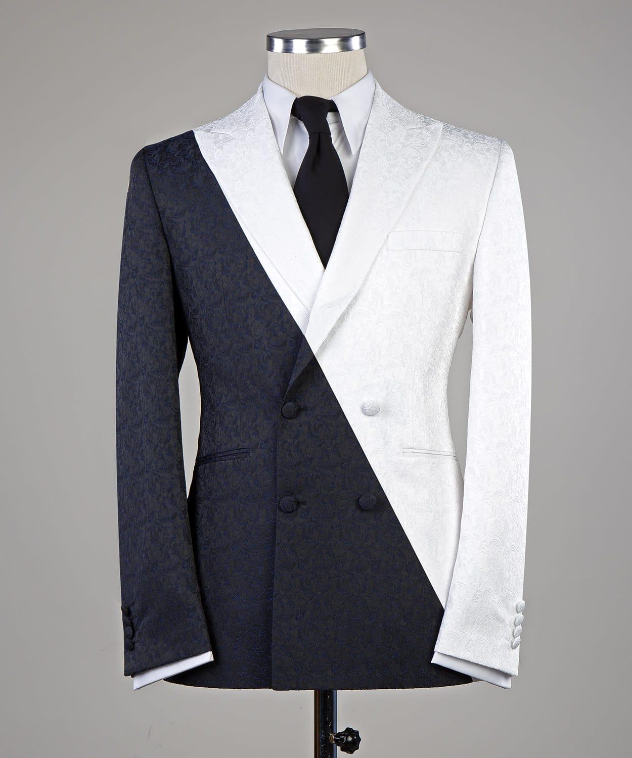 Modern Black And White Double-breasted Pointed Collar Slim-fit Men Suit