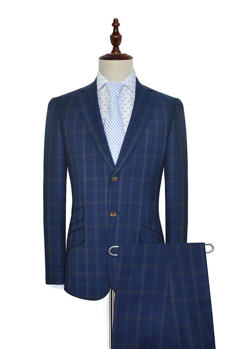 Plaid Blue Suit Notched Lapel Flap Pocket Business Suit