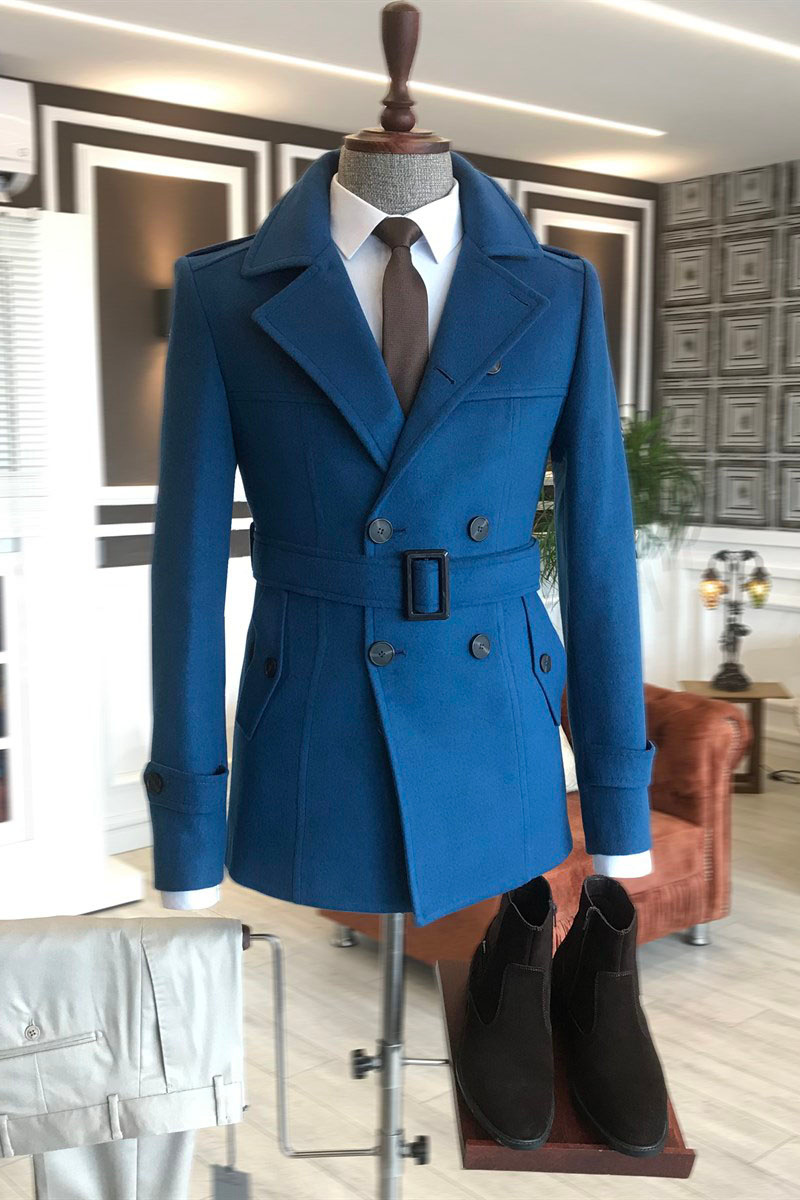 Lambert Royal Blue Double-breasted Slim-fit Belted Business Wool Coat