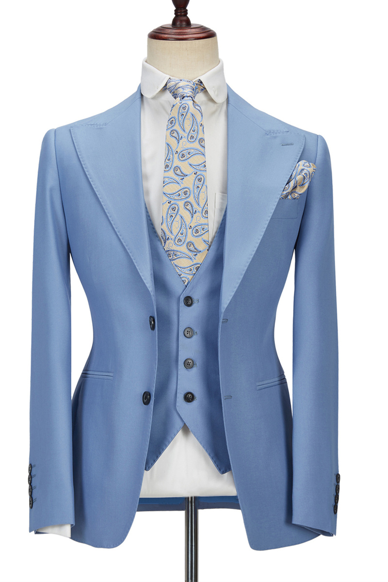 Gentle Blue Peak Lapel Three-Piece Formal Suit