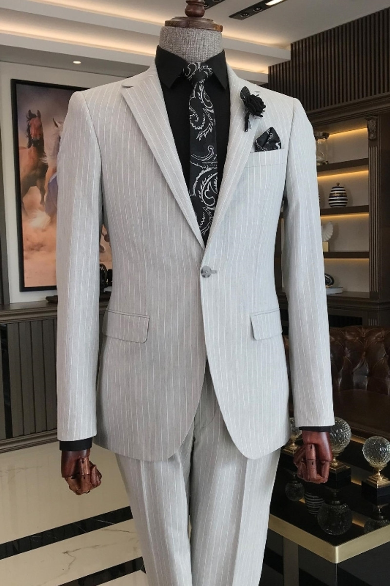 Off White Notched Lapel Striped Prom Two-Piece Suit