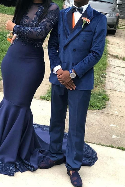 Navy Velvet Men Suit Point Lapel Double Breasted Prom Suit