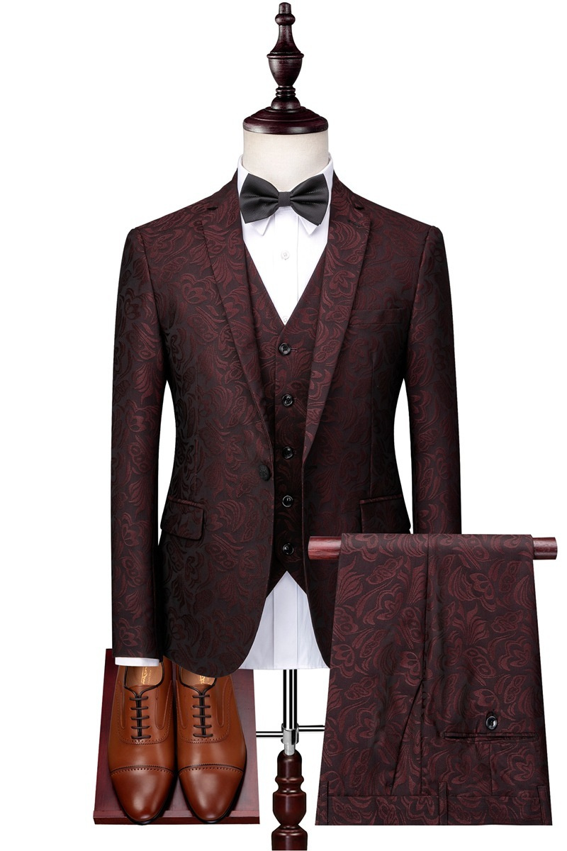 Fashion Burgundy Check Design Prom Suit Three-Piece One-Button Tuxedo
