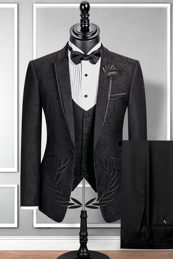 Notch Lapel Black Groom Suit Slim Fit Jacquard Wedding Tuxedo